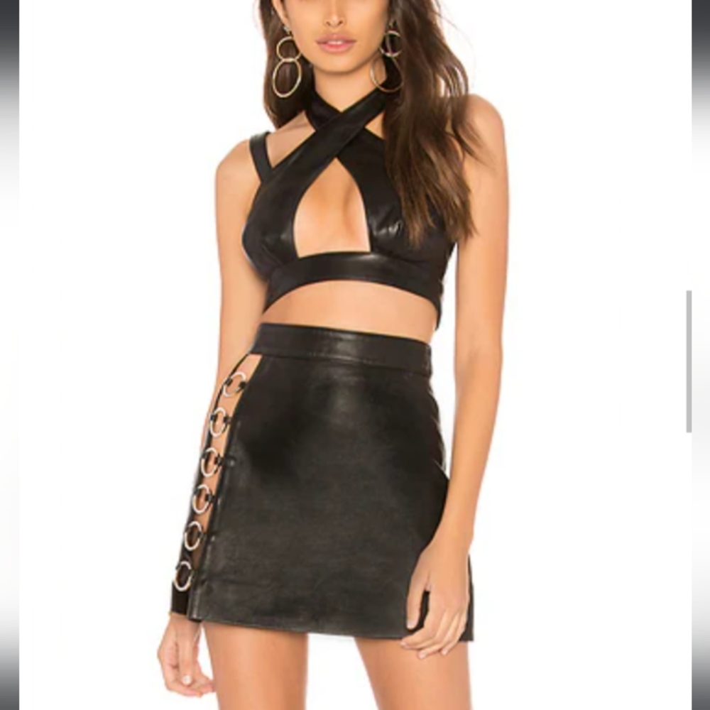 h:ours Sexy Mercer Leather Black Skirt / Side Cut Out & Metallic Rings Detail